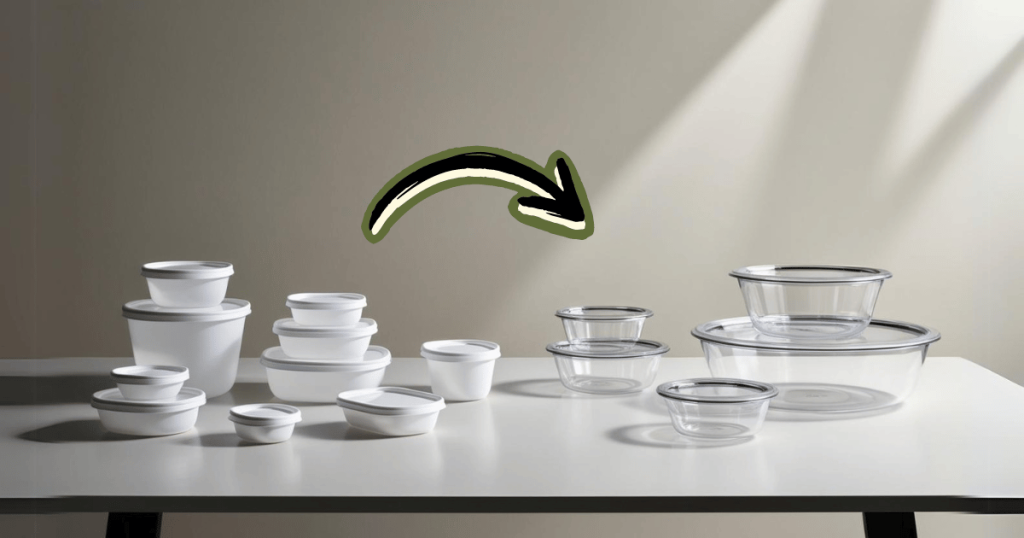 Plastic containers on the left of the table and glass containers on the right of the table to show the transition from toxic to non-toxic food storage options to reduce microplastics.