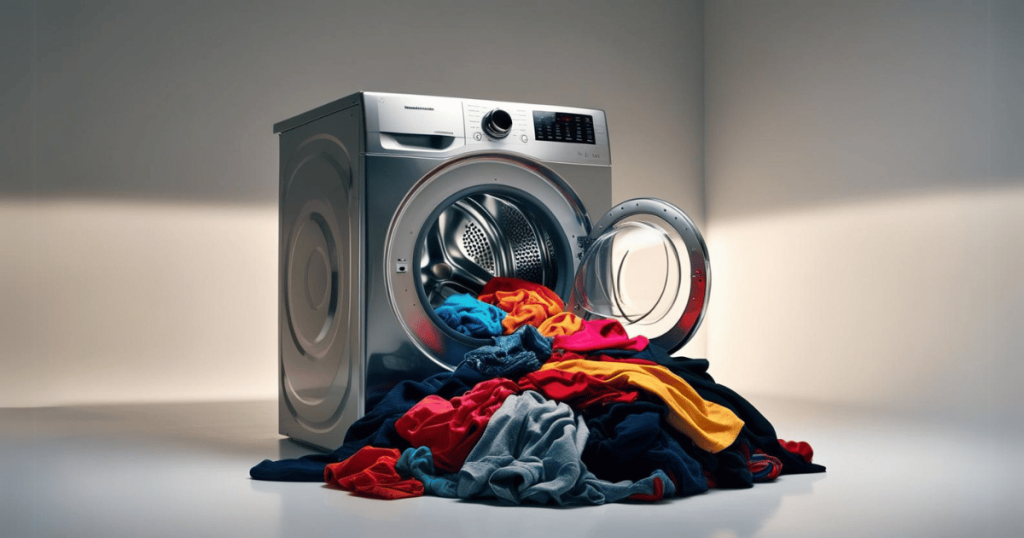 Washing machine with a pile of colorful laundry in front of it to show clothes with synthetic fibers.