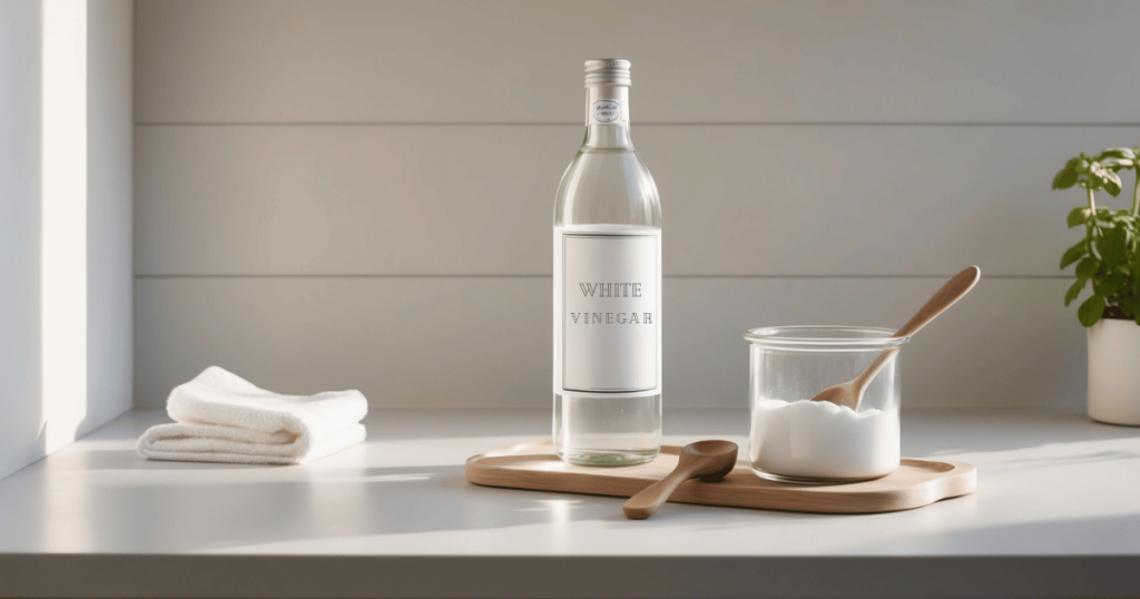 Baking soda in a clear glass jar with wooden spoon and white vinegar in a clear glass bottle