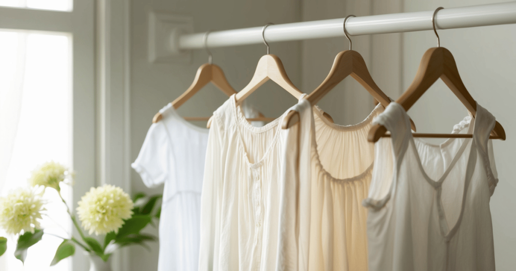 clean natural colored blouses on wooden hangers