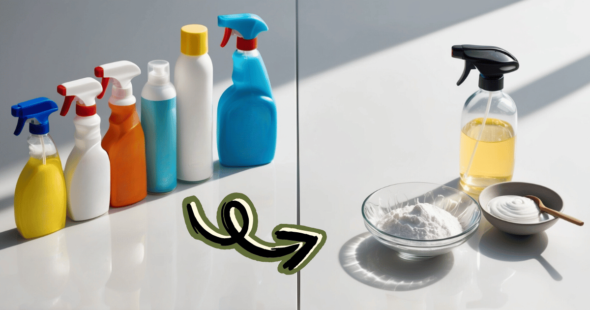 colorful commercial cleaning products on the left and DIY natural all-purpose cleaner on the right