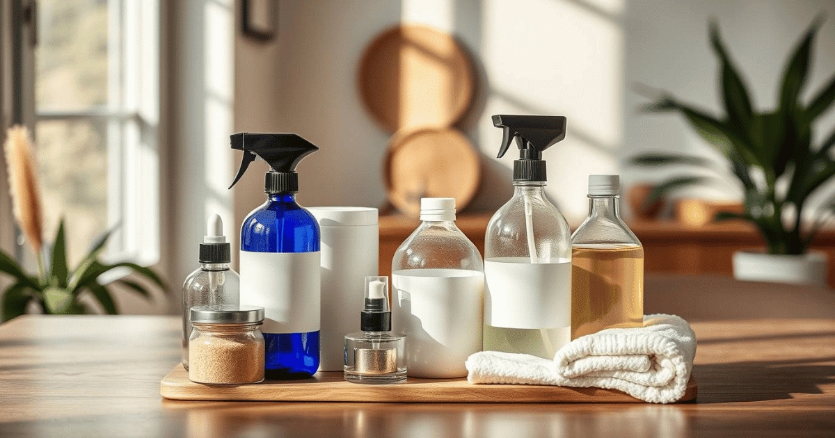 An assortment of DIY cleaning products in glass containers sitting on top of a counter. This is to show natural house cleaning for beginners