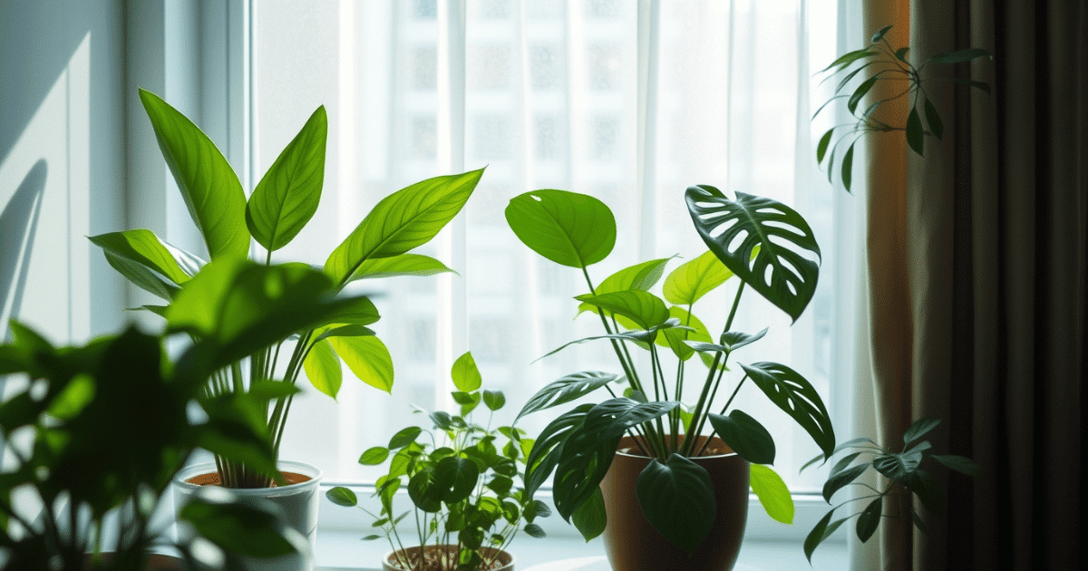 Leafy green plants next to an open window.