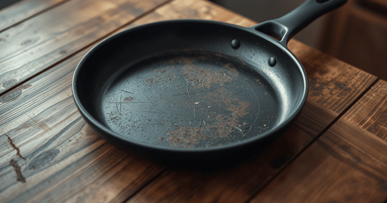 a scratched black pan with a handle