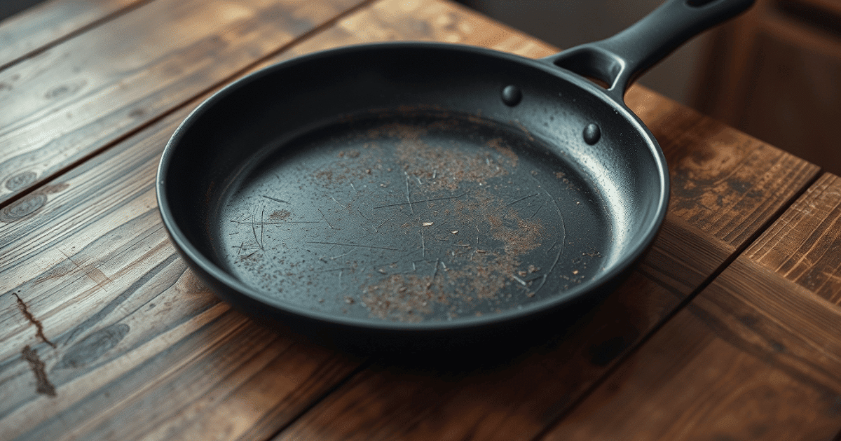 a scratched black pan with a handle