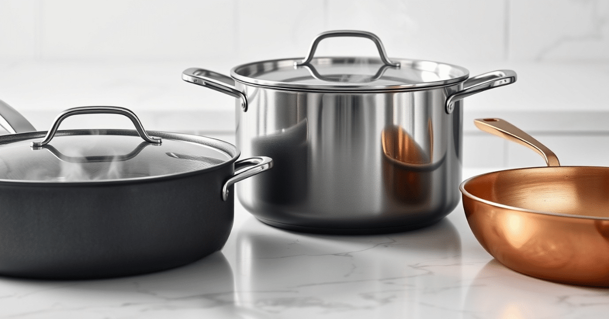 a group of aluminum pots on a counter