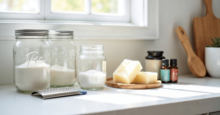 ingredients on a counter for DIY laundry detergent without borax