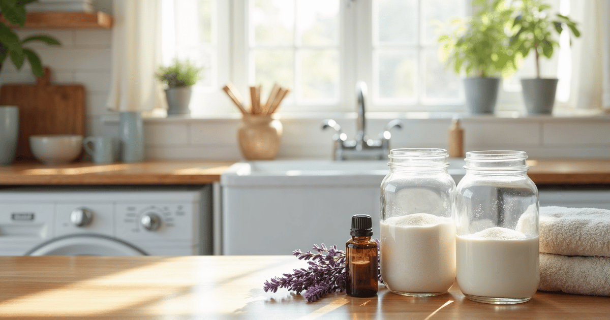 homemade laundry detergent in a cozy laundry room