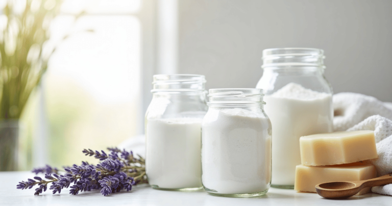 glass jars with baking soda and other ingredients to show how to make natural laundry detergent for sensitive skin