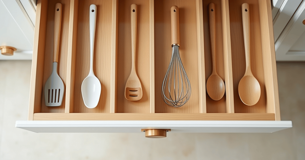 neatly organized non-toxic cooking utensils inside a kitchen drawer